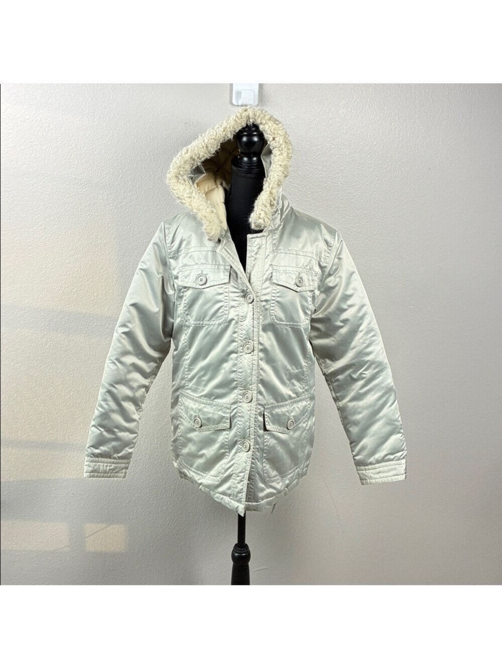 Gap Down Parka Silver Satin Fur Hood Utility Pockets Puffer Coat Jacket L